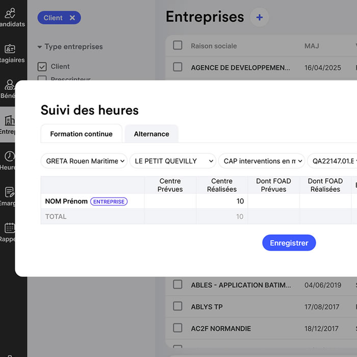 Interface fiche stagiaire avec historique actions gestion absences et gnration automatique documents lgaux de reporting