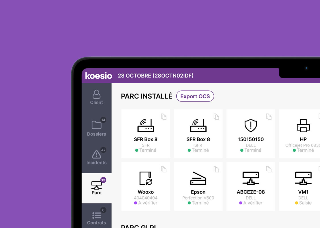 Gestion du parc informatique Koesio avec inventaire machines historique interventions et contrats de maintenance