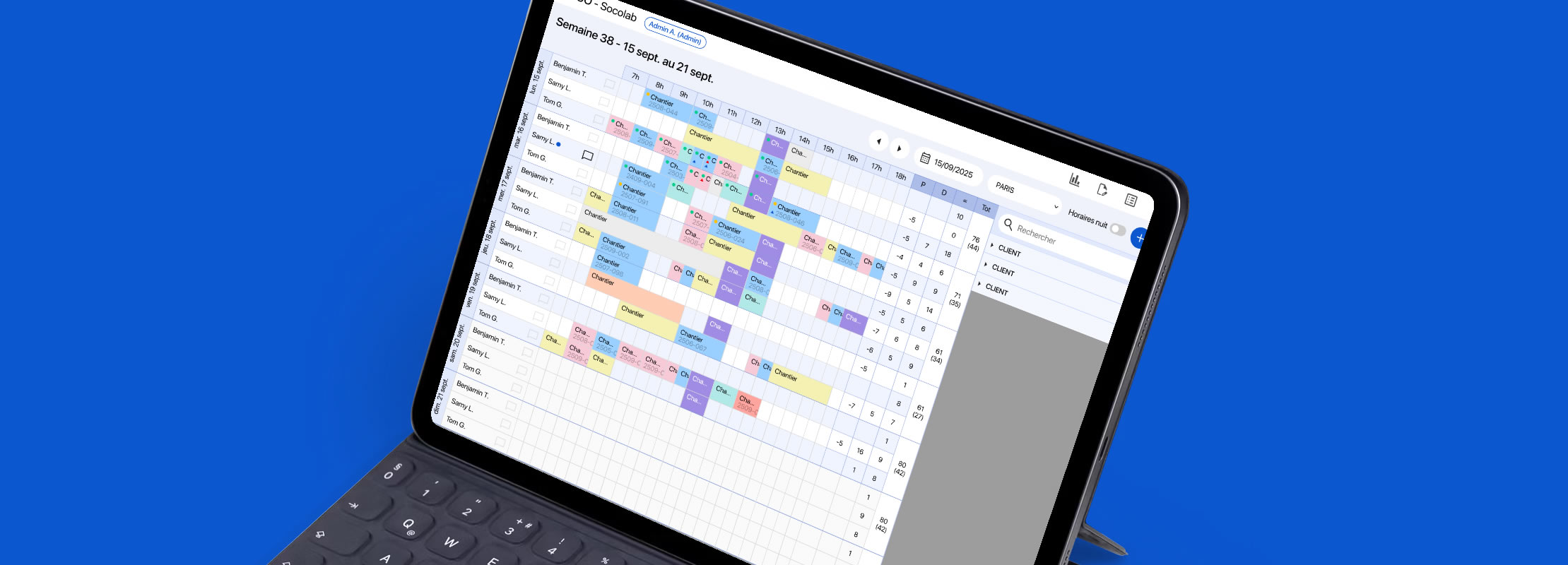 Solution de planification oprationnelle Socolab avec interface drag & drop pour gestion clients dossiers et calendrier des actions
